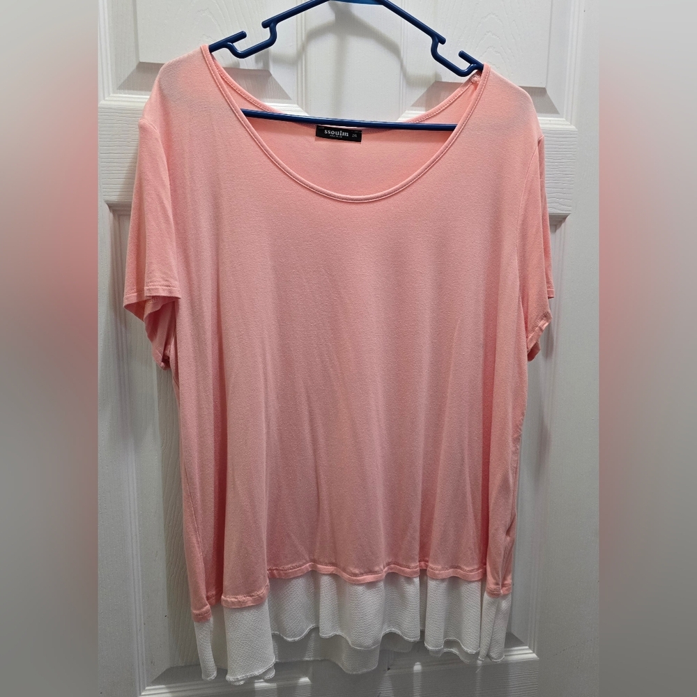 Ssoulm Pink/white Faux Layered Short Sleeve Relaxed T-Shirt 2xl